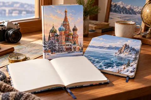 Russia notebook-cover idea — illustrative custom printing mockup