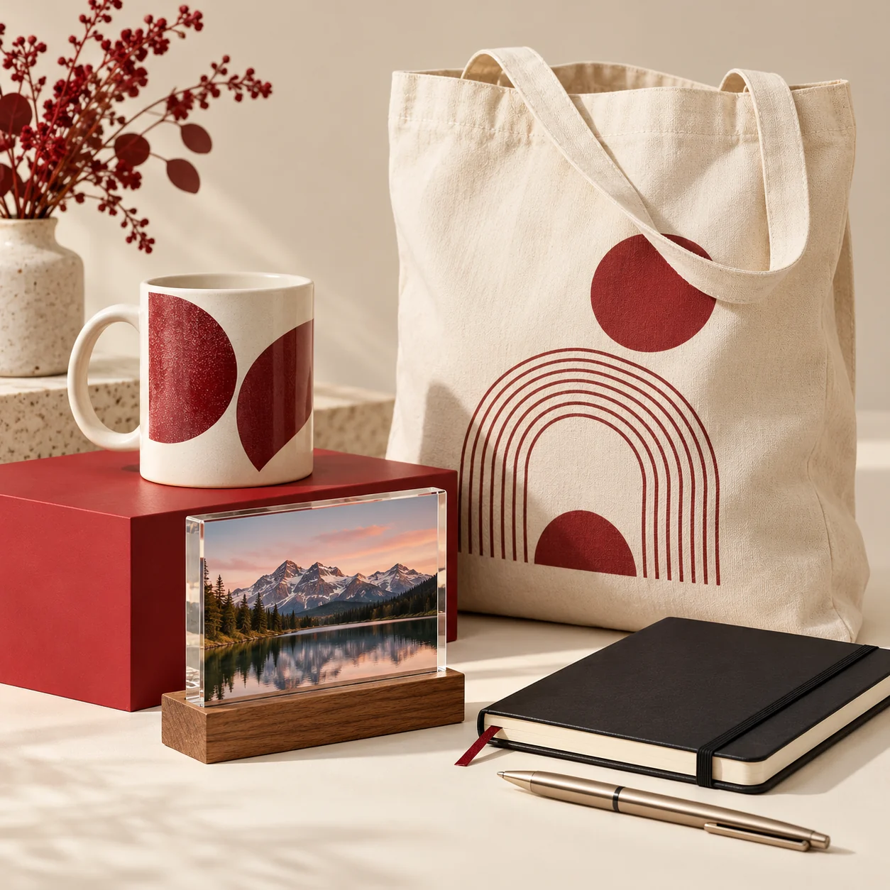 Illustrative personalised mugs, bags and desk gifts