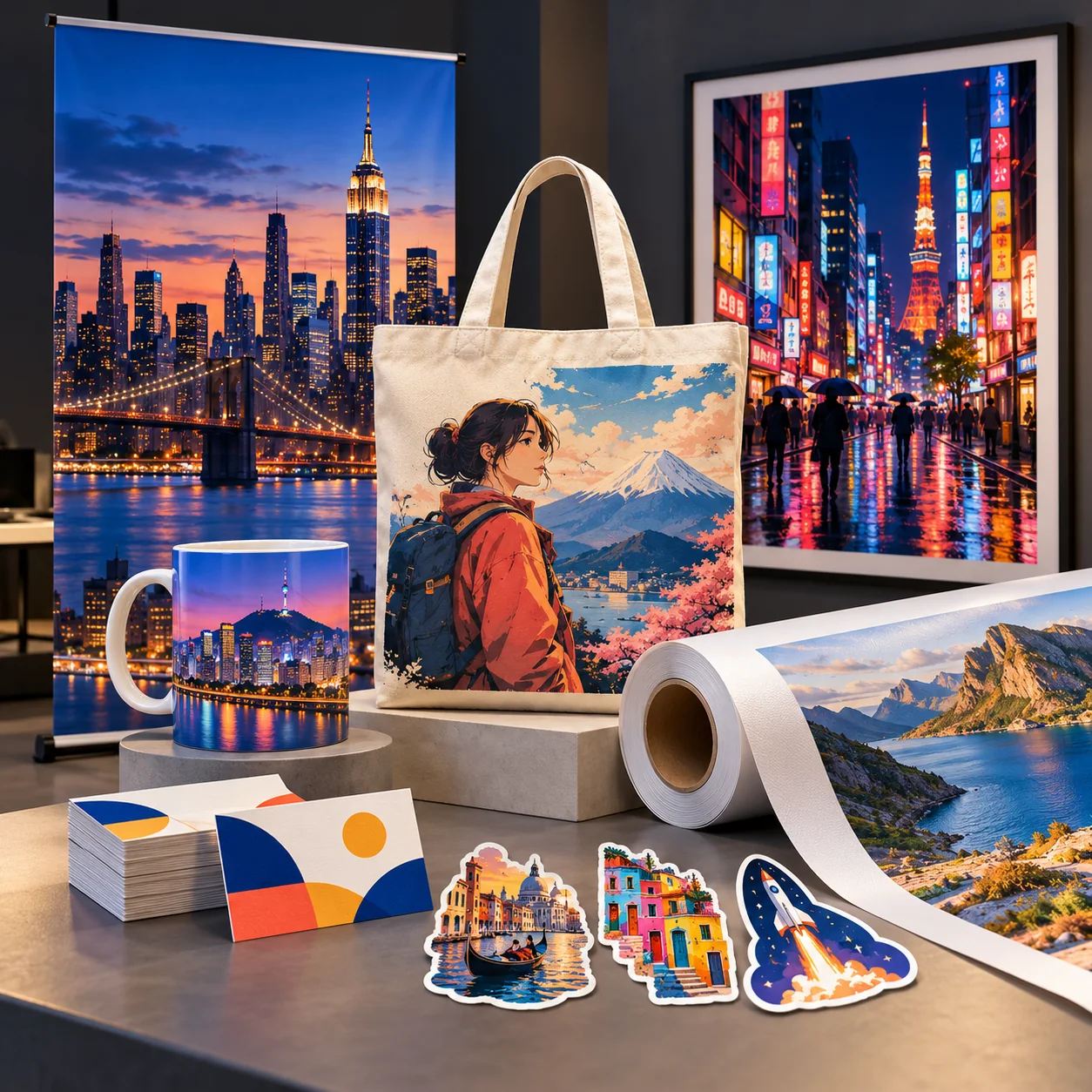 Illustrative NYC banner, Tokyo poster, anime tote, Seoul mug, printed roll, cards and travel stickers